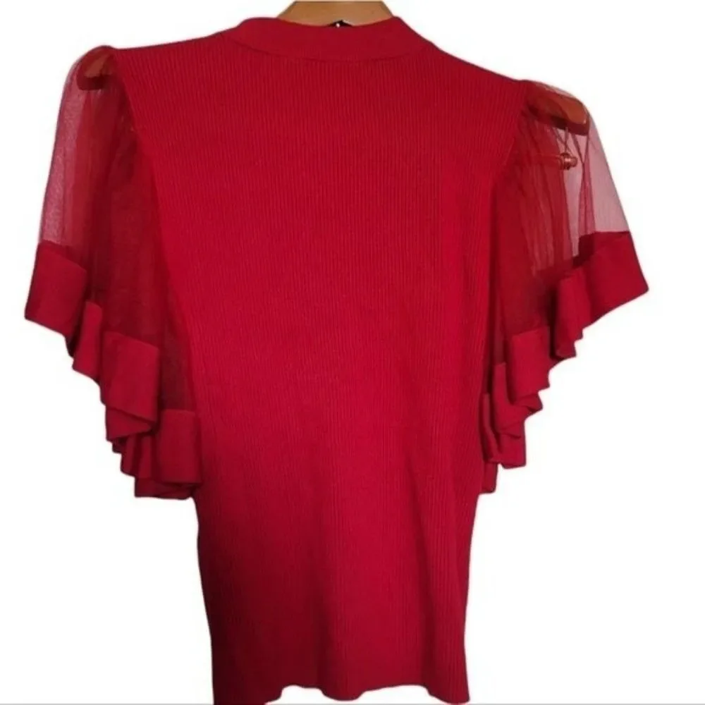 New York & Company red ribbed with butterfly sleeves high neck - Picture 3 of 13